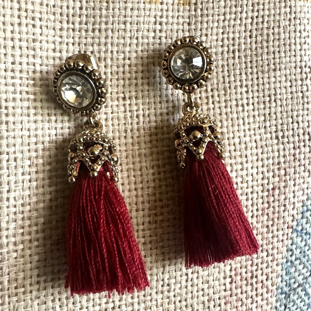 Gold-Tone Crystal & Burgundy Tassel Drop Earrings